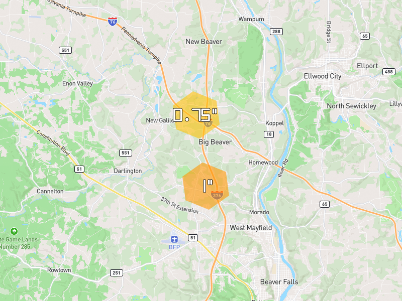 Hail map of Darlington, PA on Jul 4, 2026, hail up to 1"