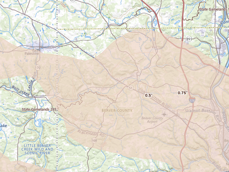 Radar-estimated hail-size map of the storm over Darlington, PA on Sep 3, 2026