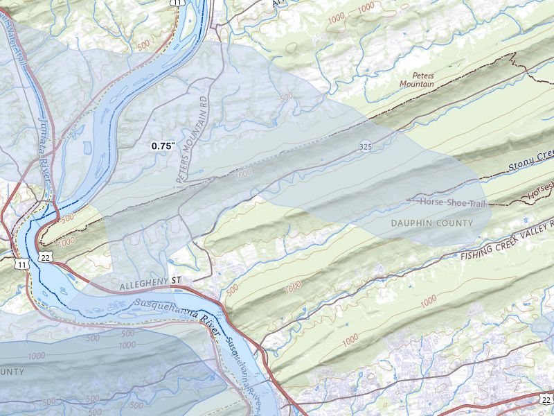 NEXRAD radar-signature map of the hail storm over Dauphin, PA on Jul 5, 2026