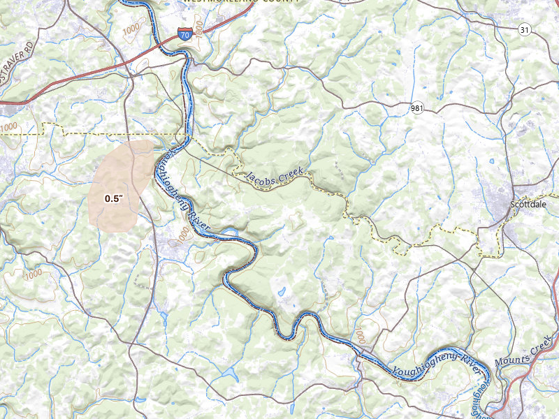 Radar-estimated hail-size map of the storm over Dawson, PA on Jul 4, 2026
