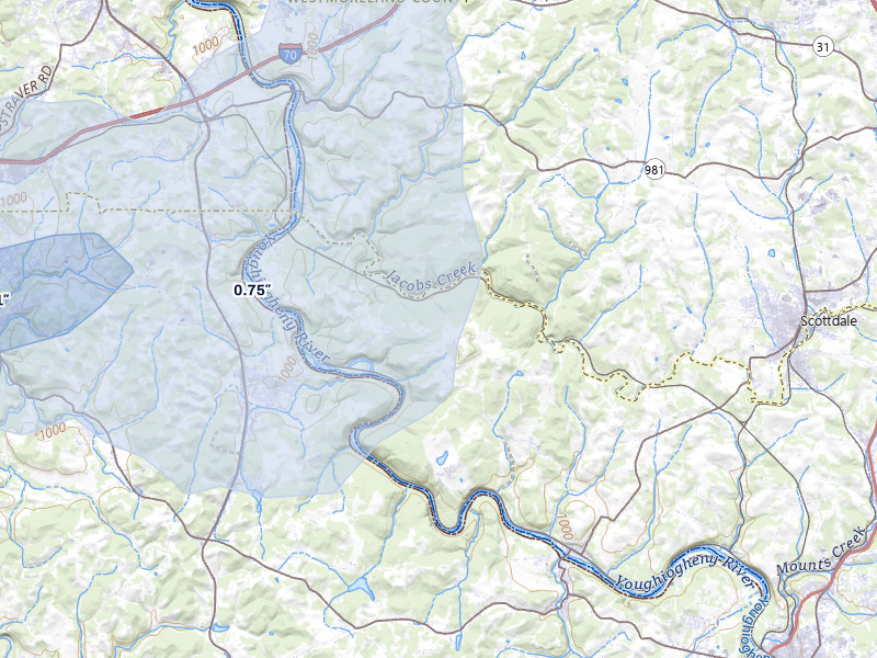 NEXRAD radar-signature map of the hail over Dawson, PA