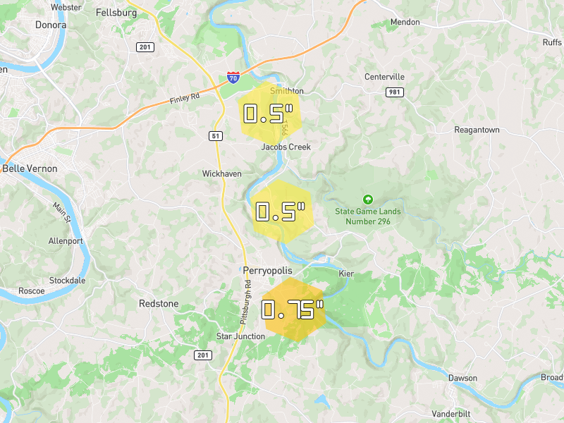 Hail map of Dawson, PA on Jul 4, 2026, hail up to 0.75"