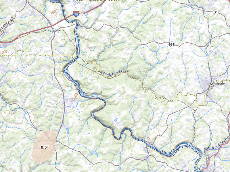 Radar-estimated hail-size map of the storm over Dawson, PA on Jul 6, 2026
