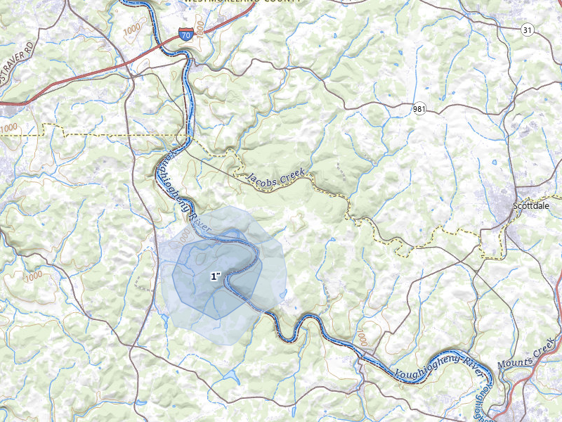 NEXRAD radar-signature map of the hail storm over Dawson, PA on Jul 6, 2026
