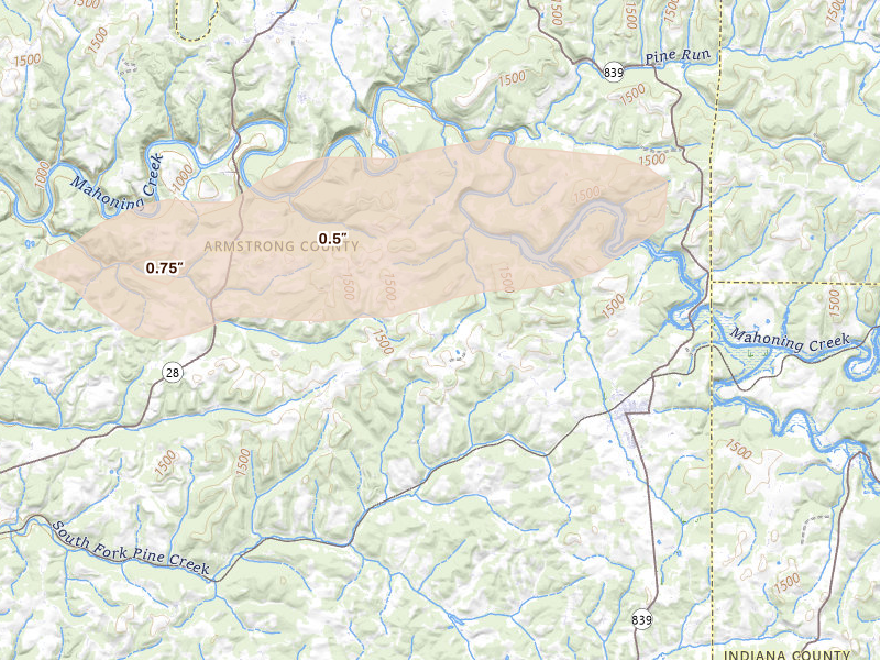 Radar-estimated hail-size map of the storm over Dayton, PA on Jun 10, 2026