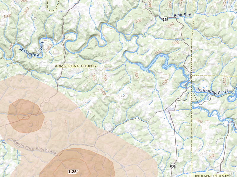 Radar-estimated hail-size map of the storm over Dayton, PA on Jul 4, 2026