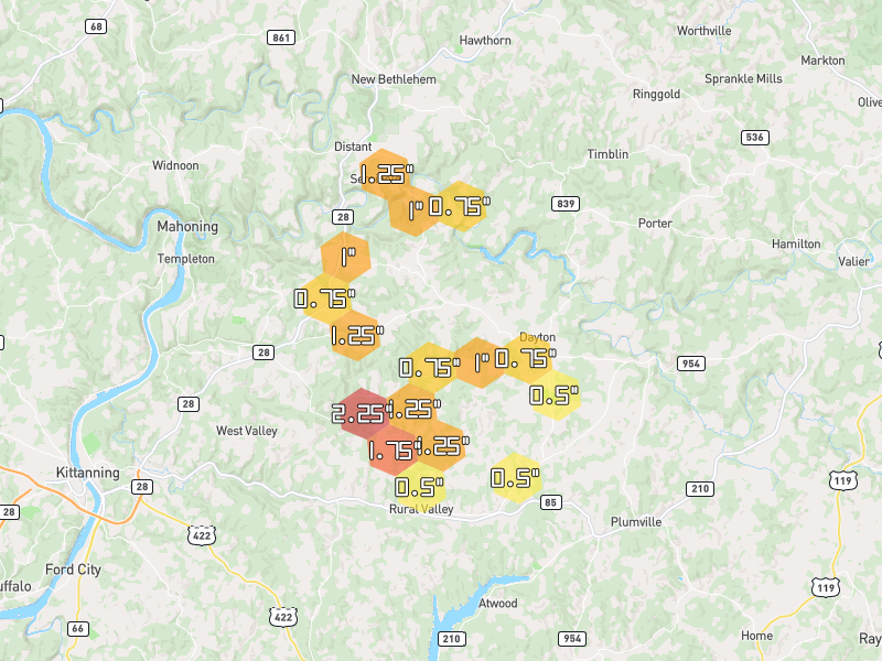 Hail map of Dayton, PA on Jul 4, 2026, hail up to 2.25"