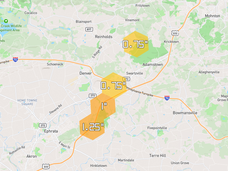 Hail map of Denver, PA on Jul 6, 2026, hail up to 1.25"