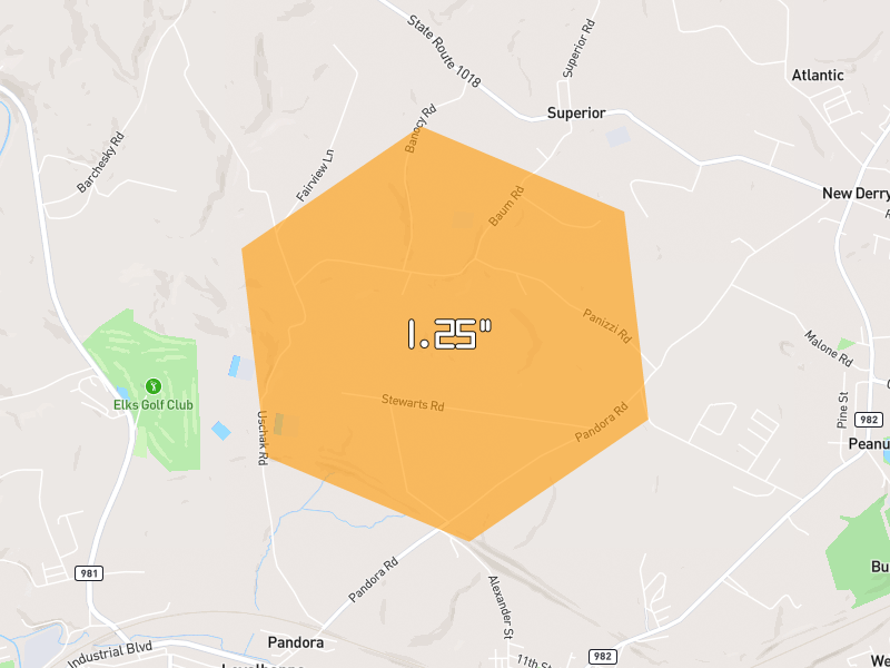 Hail map of Derry, PA on Jul 4, 2026, hail up to 1.25"