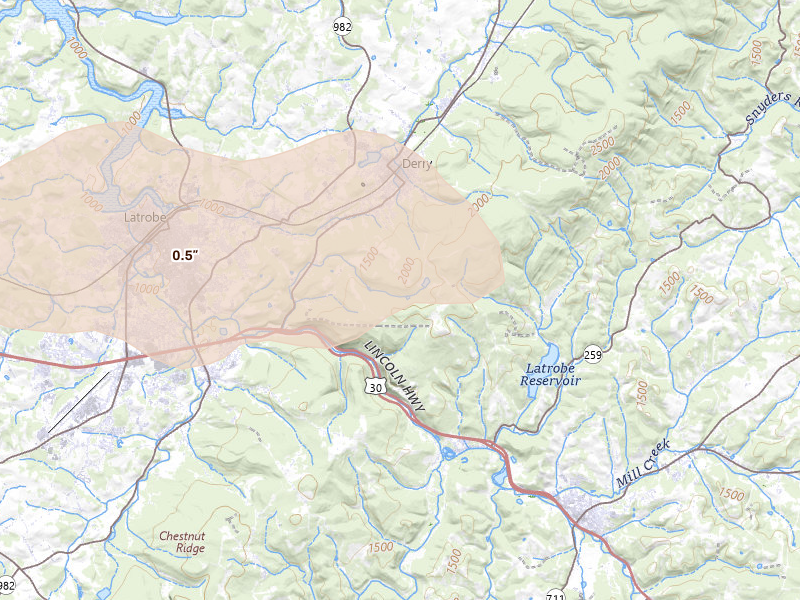 Radar-estimated hail-size map of the storm over Derry, PA on Sep 3, 2026