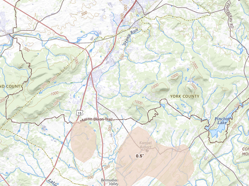 Radar-estimated hail-size map of the storm over Dillsburg, PA on Jun 6, 2026
