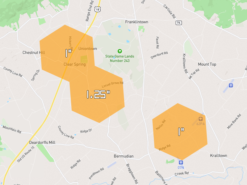 Hail map of Dillsburg, PA on Jun 6, 2026, hail up to 1.25"