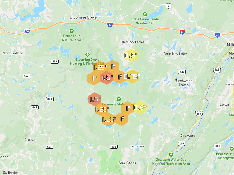 Hail map of Dingmans Ferry, PA on Jul 3, 2026, hail up to 1.5"