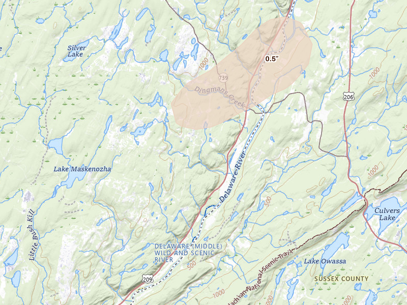 Radar-estimated hail-size map of the storm over Dingmans Ferry, PA on Aug 7, 2026