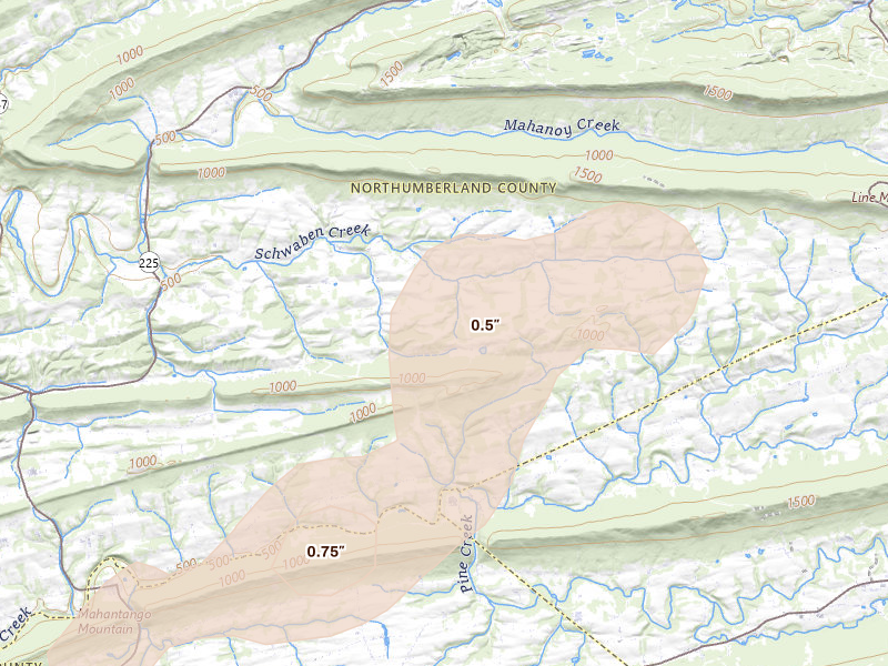 Radar-estimated hail-size map of the storm over Dornsife, PA on Jun 6, 2026