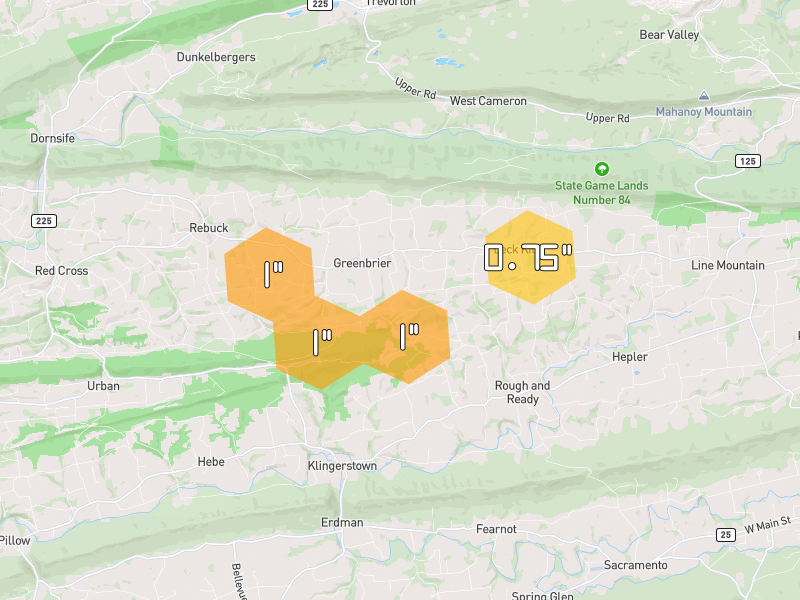 Hail map of Dornsife, PA on Jun 6, 2026, hail up to 1"