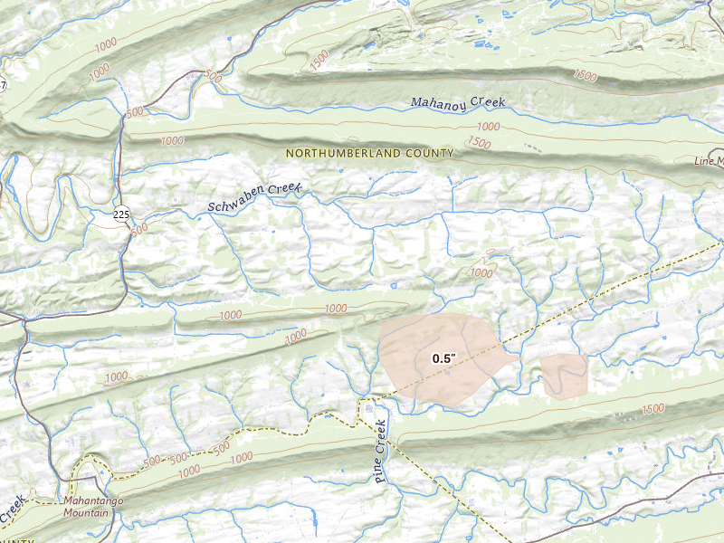Radar-estimated hail-size map of the storm over Dornsife, PA on Jul 3, 2026