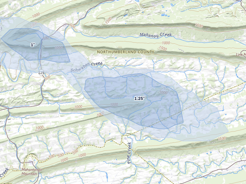 NEXRAD radar-signature map of the hail storm over Dornsife, PA on Jul 3, 2026