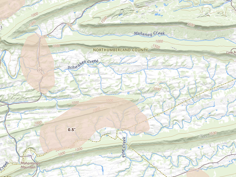 Radar-estimated hail-size map of the storm over Dornsife, PA on Sep 2, 2026