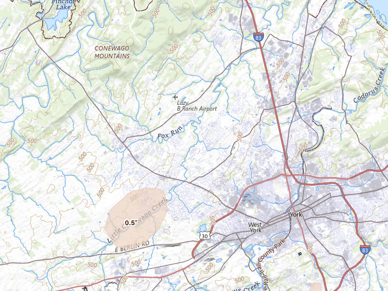 Radar-estimated hail-size map of the storm over Dover, PA on Jul 4, 2026