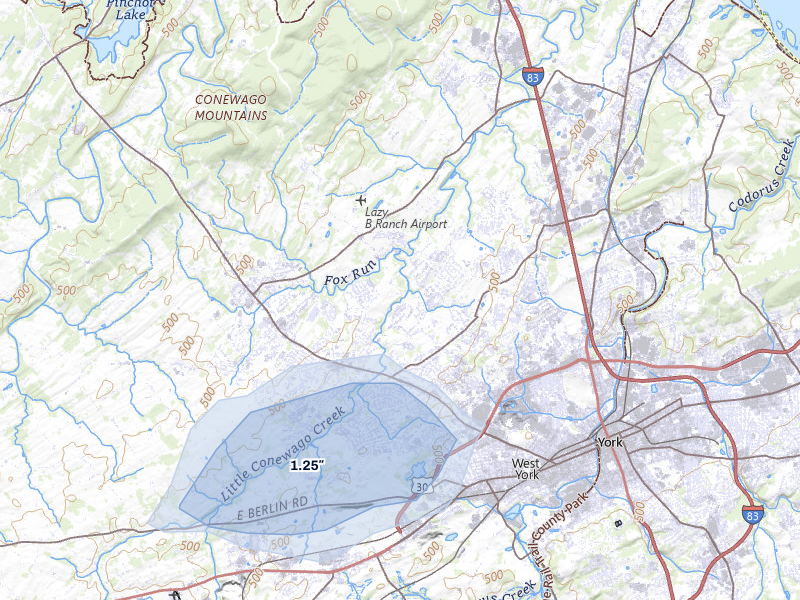 NEXRAD radar-signature map of the hail storm over Dover, PA on Jul 4, 2026