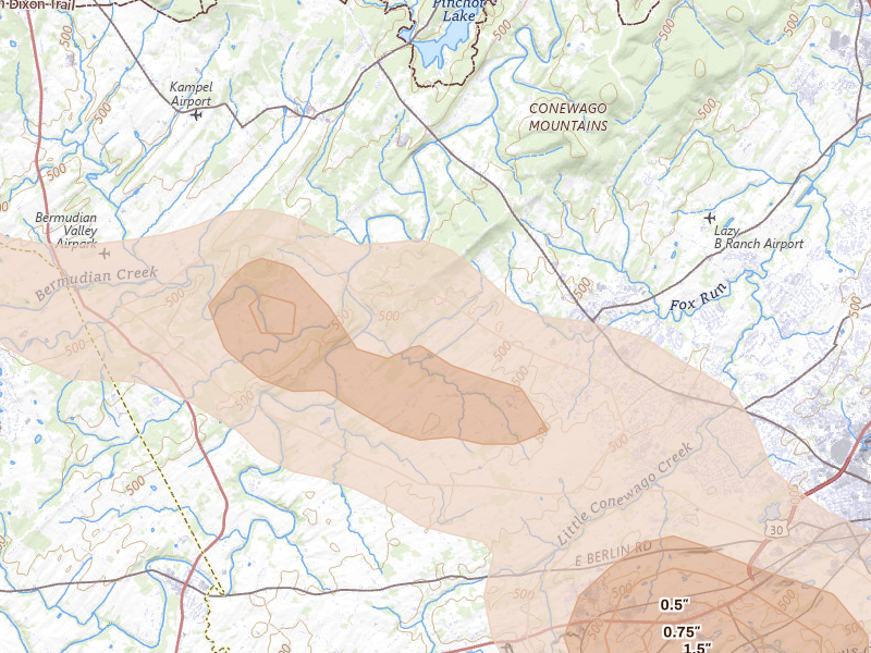 Radar-estimated hail-size map of the storm over Dover, PA on Aug 10, 2026