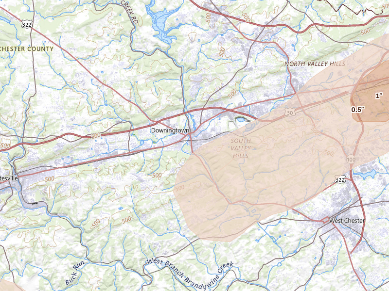 Radar-estimated hail-size map of the storm over Downingtown, PA on May 20, 2026