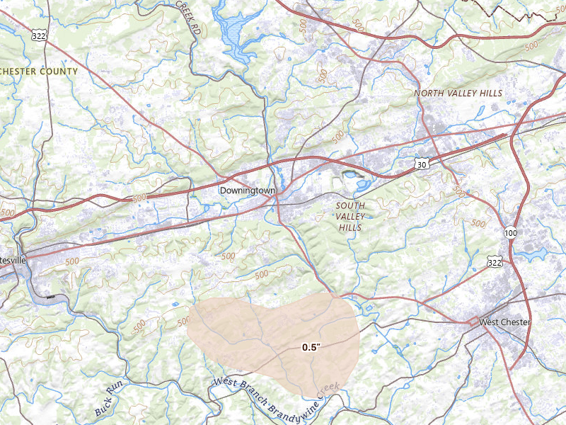 Radar-estimated hail-size map of the storm over Downingtown, PA on Jul 21, 2026