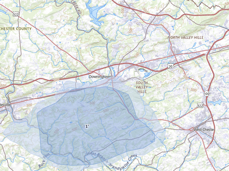 NEXRAD radar-signature map of the hail over Downingtown, PA