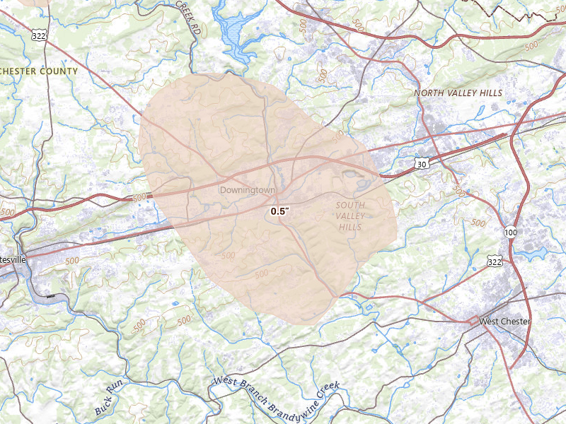 Radar-estimated hail-size map of the storm over Downingtown, PA on Sep 1, 2026