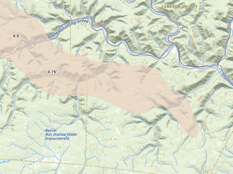 Radar-estimated hail-size map of the storm over Driftwood, PA on Jul 18, 2026