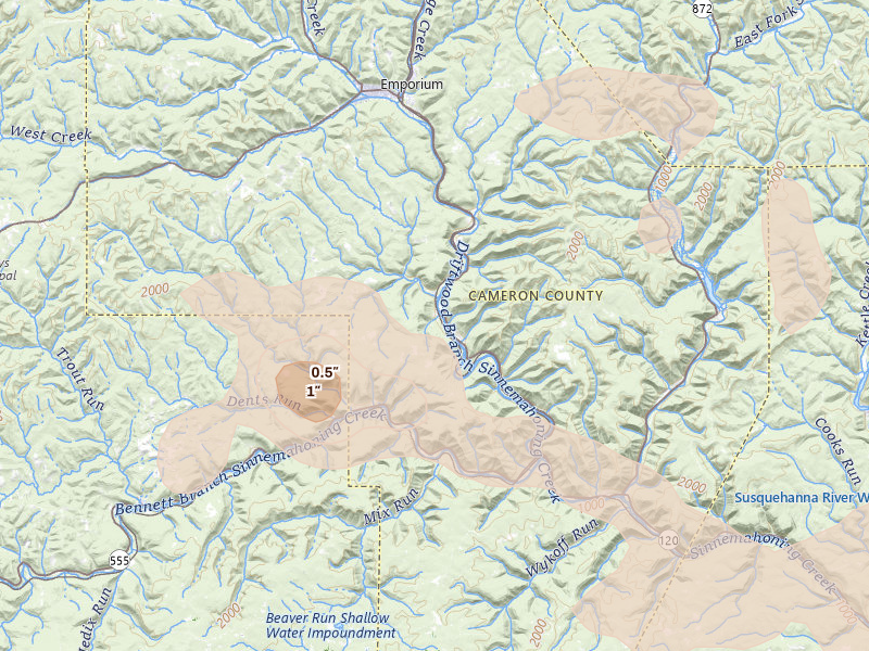 Radar-estimated hail-size map of the storm over Driftwood, PA on Sep 2, 2026