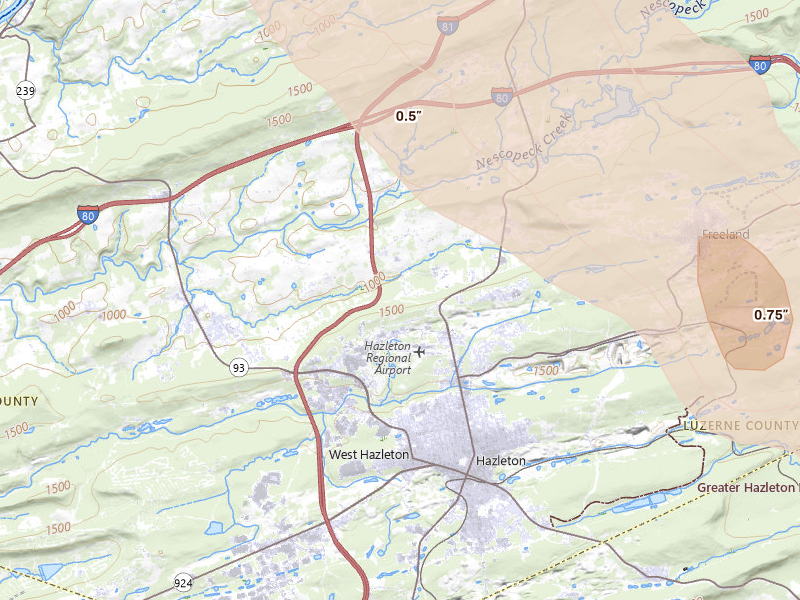 Radar-estimated hail-size map of the storm over Drums, PA on Jul 15, 2026