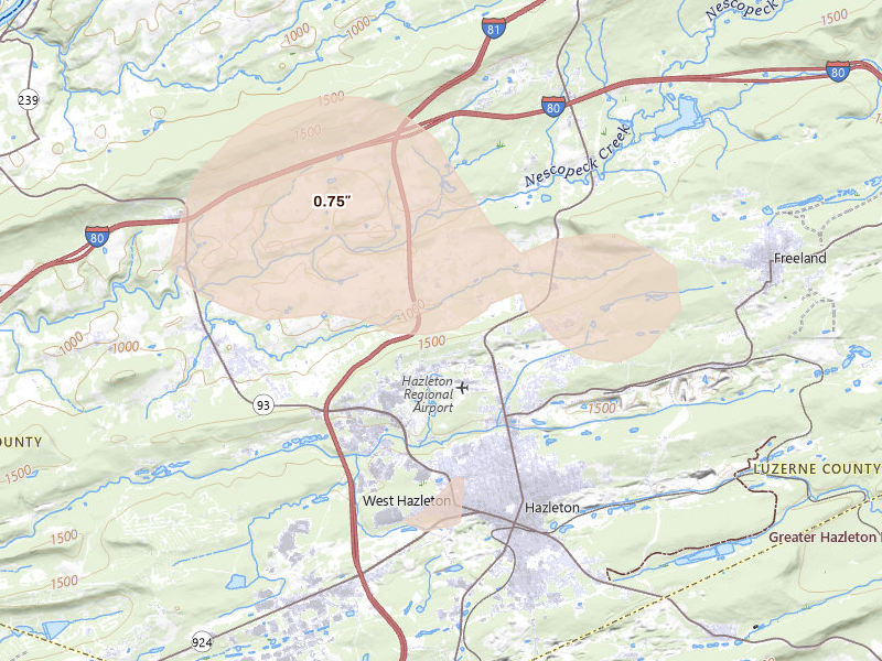 Radar-estimated hail-size map of the storm over Drums, PA on Aug 27, 2026