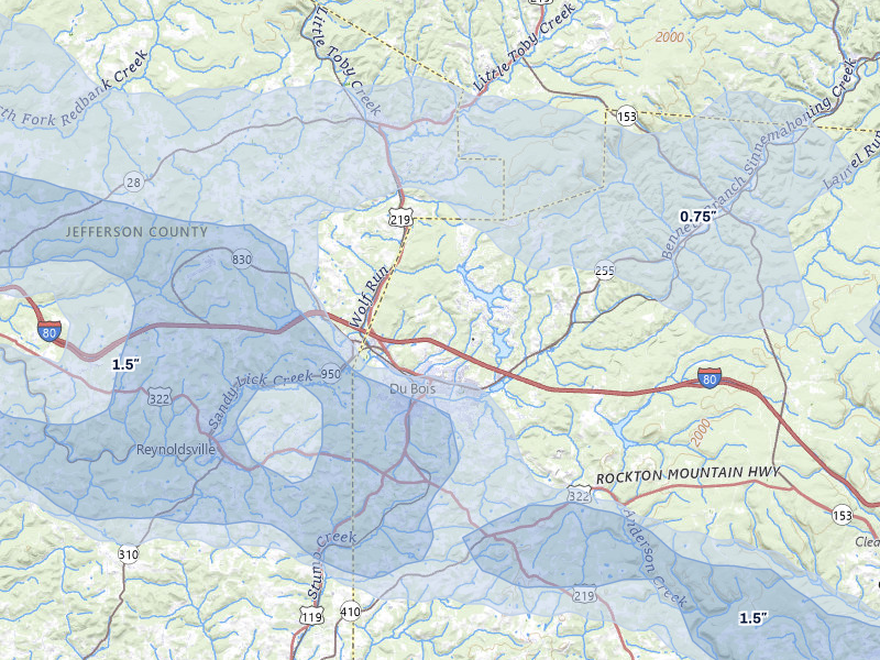 NEXRAD radar-signature map of the hail storm over Du Bois, PA on Mar 22, 2026