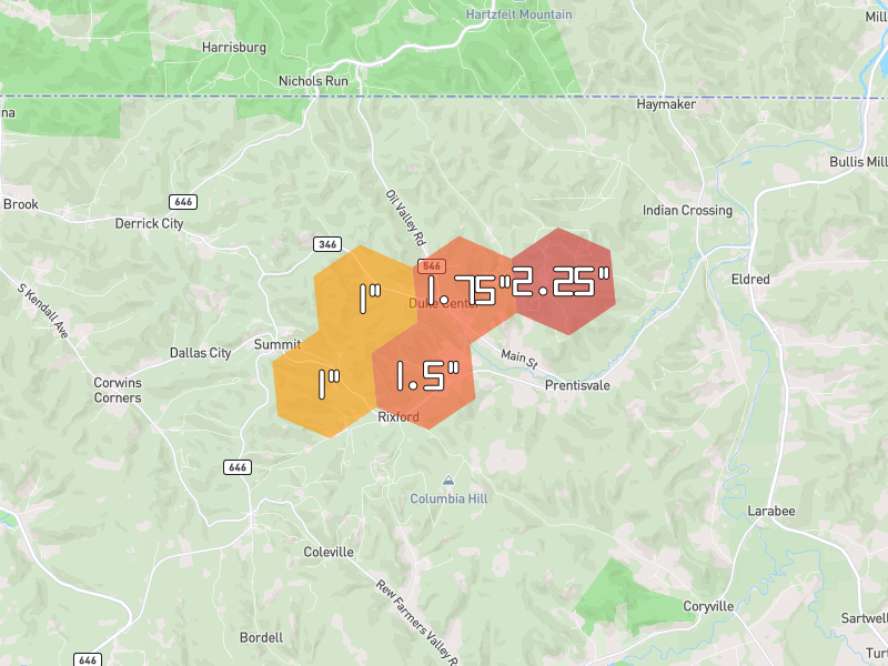 Hail map of Duke Center, PA on Jul 3, 2026, hail up to 2.25"