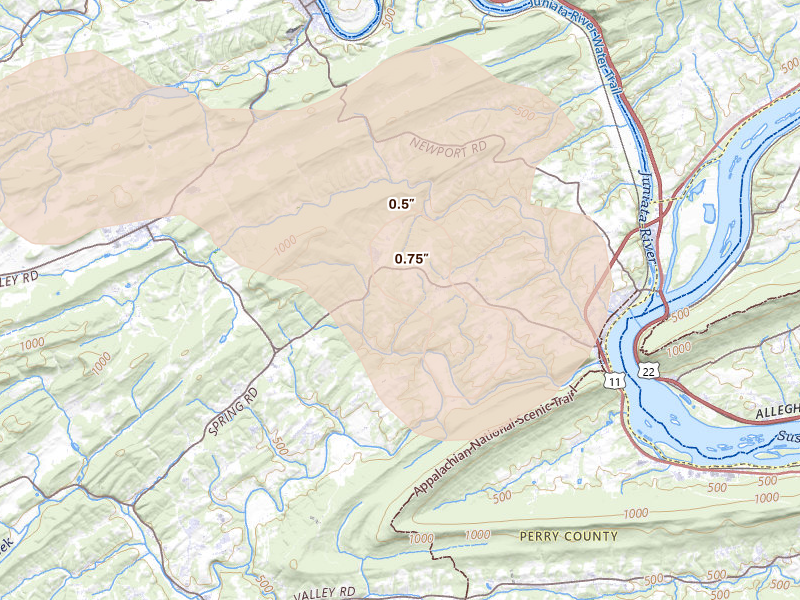 Radar-estimated hail-size map of the storm over Duncannon, PA on Jun 6, 2026