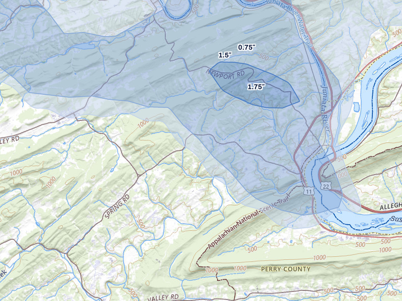 NEXRAD radar-signature map of the hail storm over Duncannon, PA on Jun 6, 2026
