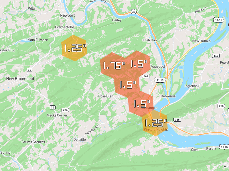 Hail map of Duncannon, PA on Jun 6, 2026, hail up to 1.75"