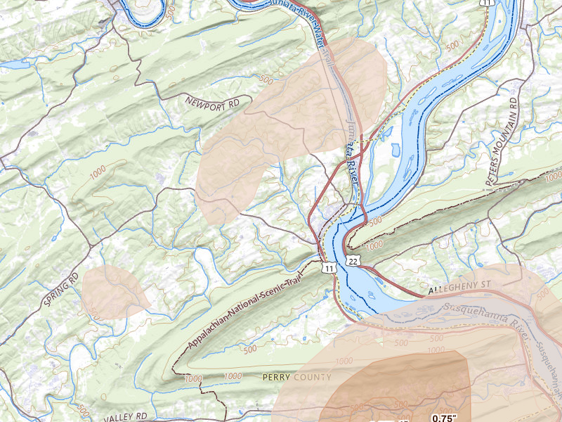 Radar-estimated hail-size map of the storm over Duncannon, PA on Aug 27, 2026