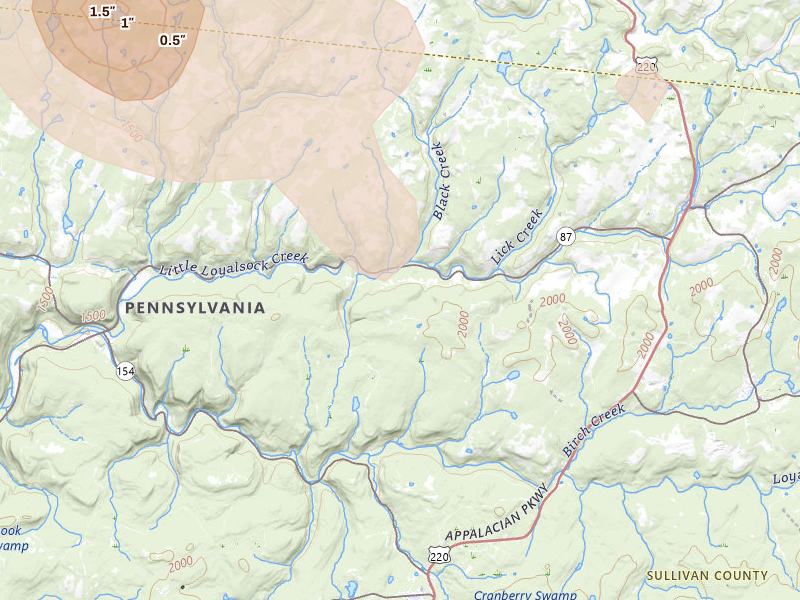 Radar-estimated hail-size map of the storm over Dushore, PA on Jul 4, 2026