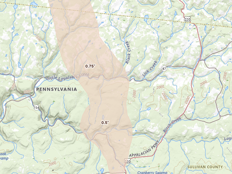 Radar-estimated hail-size map of the storm over Dushore, PA on Sep 1, 2026