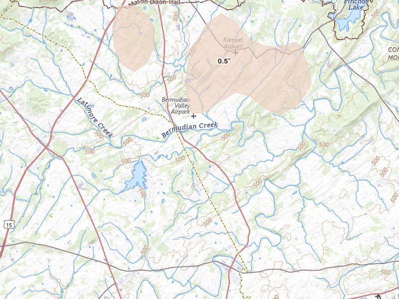 Radar-estimated hail-size map of the storm over East Berlin, PA on Jun 6, 2026