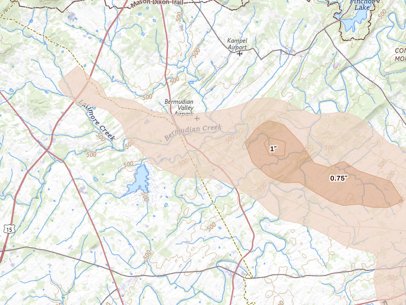 Radar-estimated hail-size map of the storm over East Berlin, PA on Aug 10, 2026