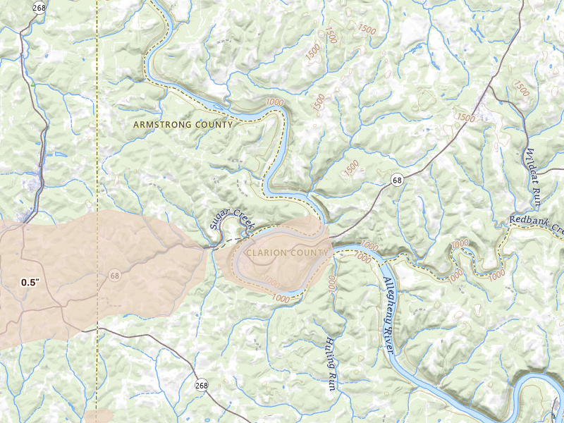 Radar-estimated hail-size map of the storm over East Brady, PA on Jul 3, 2026
