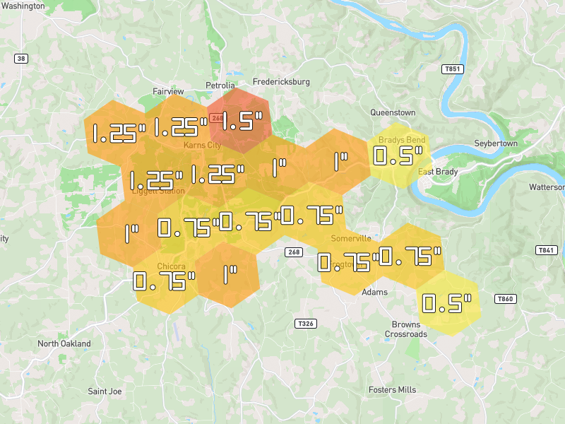 Hail map of East Brady, PA on Jul 4, 2026, hail up to 1.5"