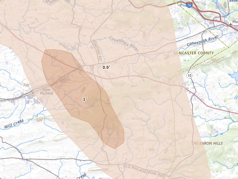 Radar-estimated hail-size map of the storm over East Earl, PA on Sep 1, 2026