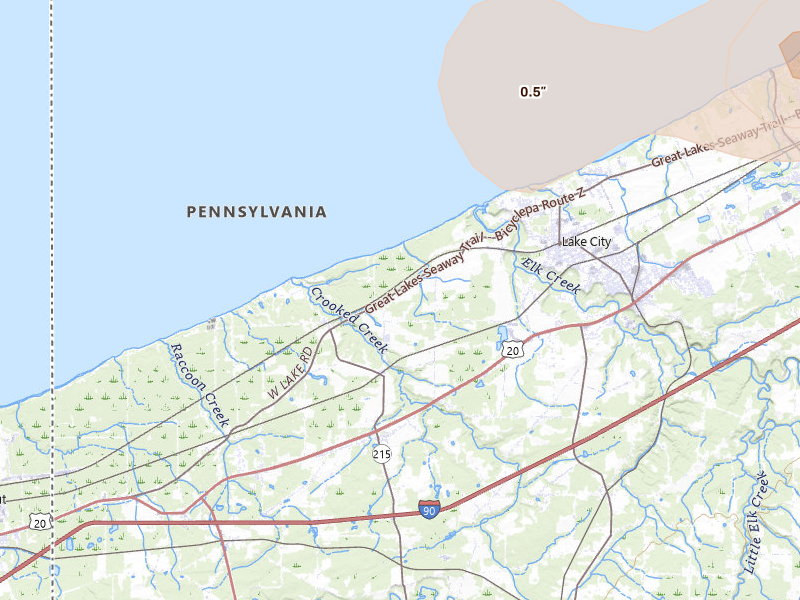 Radar-estimated hail-size map of the storm over East Springfield, PA on Jul 21, 2026