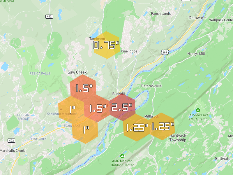 Hail map of East Stroudsburg, PA on Jul 3, 2026, hail up to 2.5"