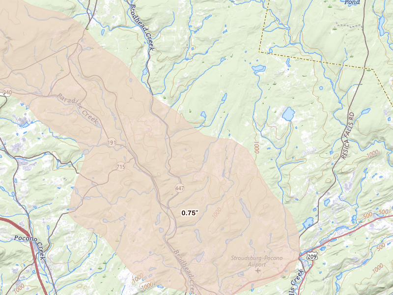 Radar-estimated hail-size map of the storm over East Stroudsburg, PA on Jul 4, 2026